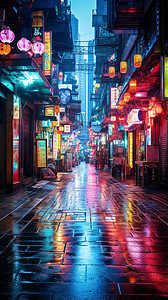 下雨街道霓虹闪烁的街道背景