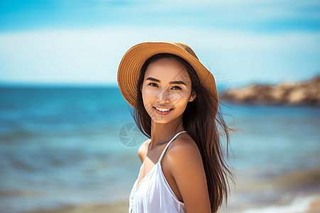 海滩上戴帽子的女孩图片