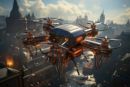 城市空中无人机送货背景图片