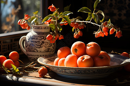 盘子里的山柿图片