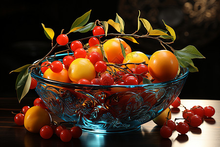 磨盘柿玻璃碗里的番茄蛏子背景