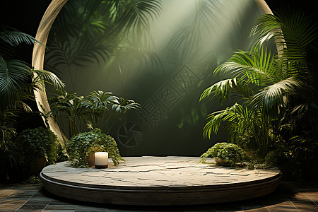 棕榈叶装饰的圆形展台图片