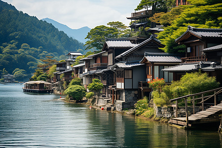 湖畔的山屋建筑山屋高清图片