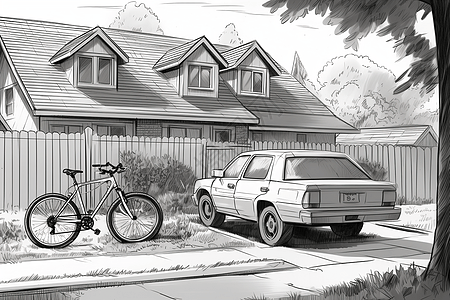 郊区住宅前的自行车和汽车图片