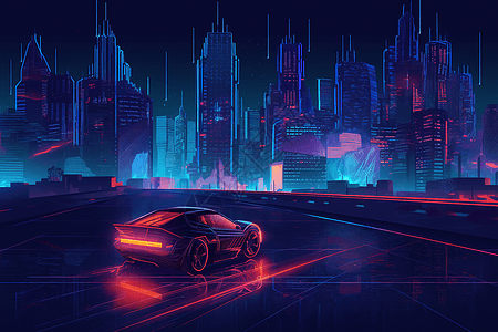 夜间开车夜间自动驾驶的汽车插画