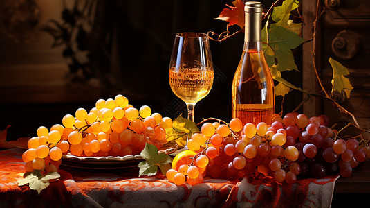 桌子上的葡萄和美酒图片