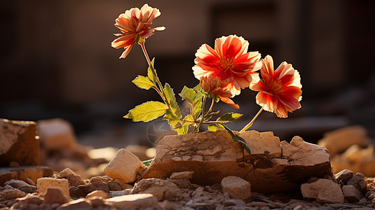 废墟碎石中的花朵图片