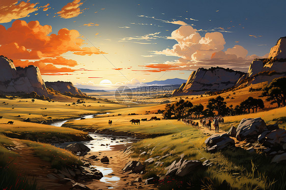 内蒙古草原的油画图片