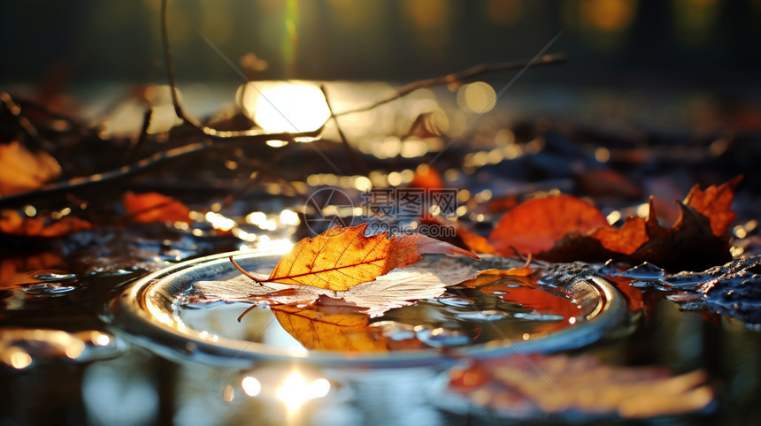 落叶在水中倒影图片