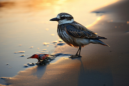 小鸟在沙滩上觅食图片