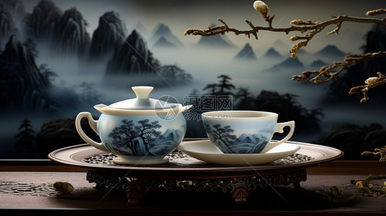 中式的青花瓷茶具图片