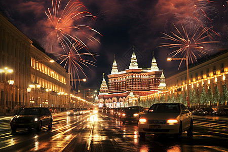 莫斯科上空的烟花背景图片