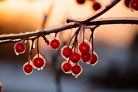 冰雪中的红色果实高清图片