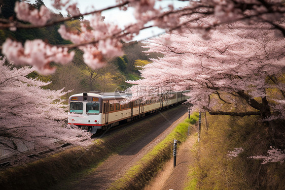春日樱花间的列车图片