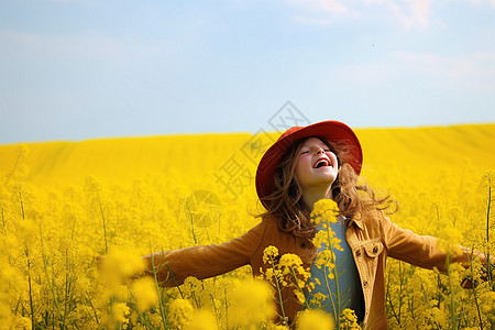 快乐的女孩在黄花海中伸展双臂闭上眼睛图片