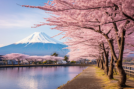 富士山下的樱花湖畔背景图片
