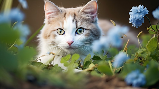 躺在花朵中的猫咪背景图片