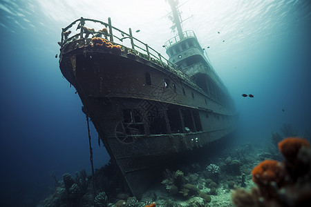 海底沉船沉没在海底的游船背景