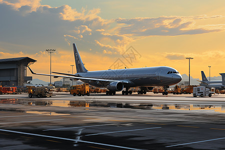 一架大型喷气式客机停在机场坪上图片