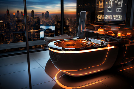 夜景中的浴缸与城市全景图片