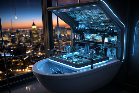 夜幕下城市视角的未来浴室图片