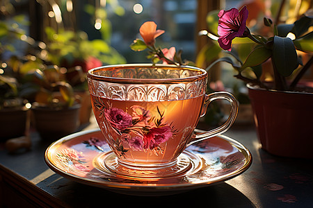 粉色水杯精致的玻璃茶碟背景