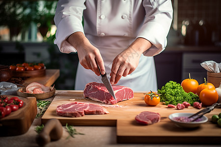 厨师在工作厨师在烹饪中切肉的照片背景