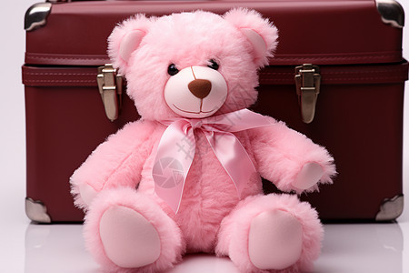 粉色泰迪熊与红色行李箱背景图片