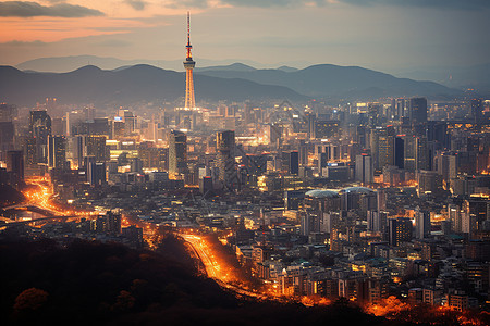 马来西亚城市夜幕下金融区的摩天大楼背景