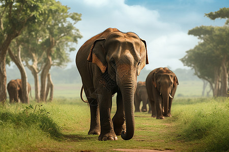 大象群漫步在泥泞小路上图片