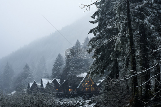 冬日飘雪的村庄图片