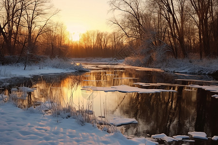 冬日晚霞映照的河流图片