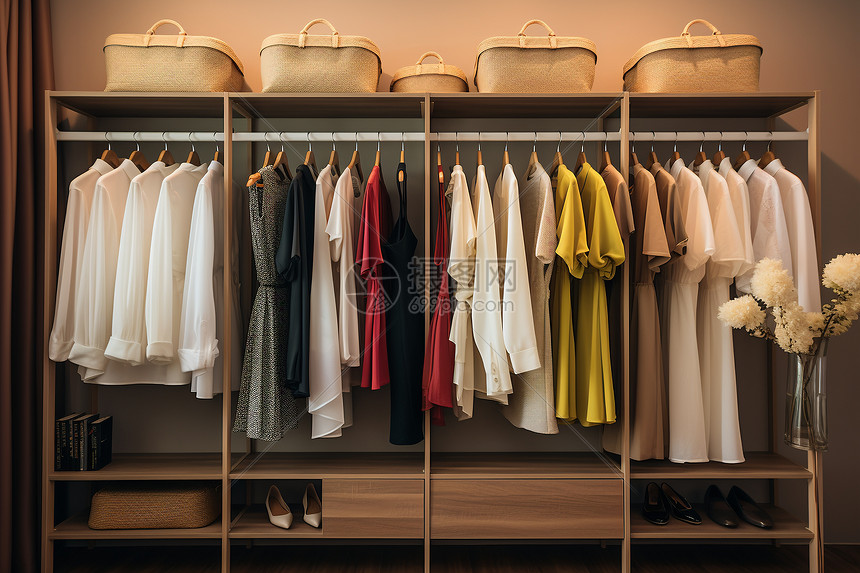 橱柜里摆满各式衣物和鞋子高清图片下载正版图片600525408摄图网
