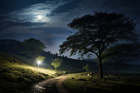 月光下泥泞的小路背景图片