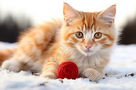 小猫咪与红毛线球嬉戏背景图片