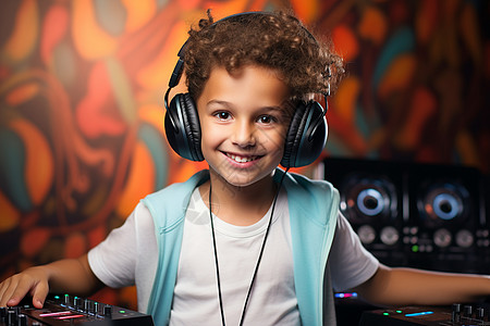 音乐儿童幸福的戴耳机小男孩背景
