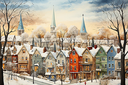 卡通的冬日小镇图片