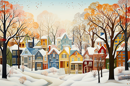 冬日的城市景观画背景图片