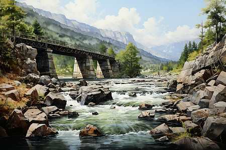 铁路桥的水彩画图片