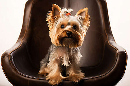 可爱的小狗坐在棕色皮椅上图片