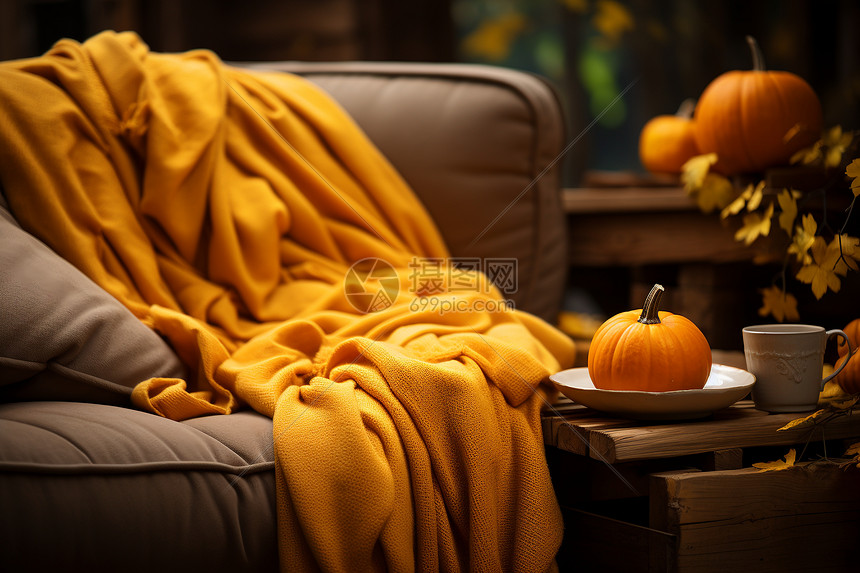 沙发上的黄色毛毯图片
