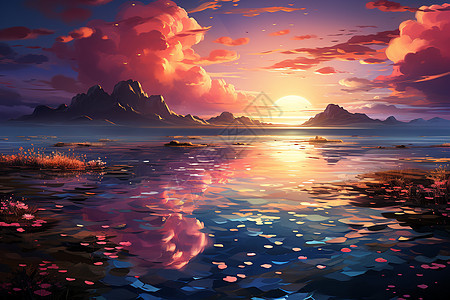 湖光山色的夕阳图片