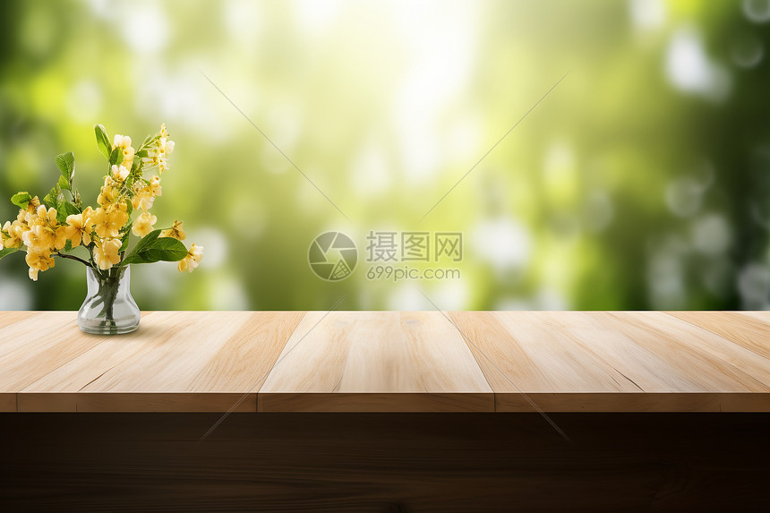 清晨木质台面上的花瓶图片