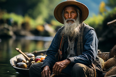 坐在河边的渔民图片