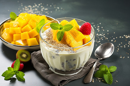 健康美味的水果和酸奶图片