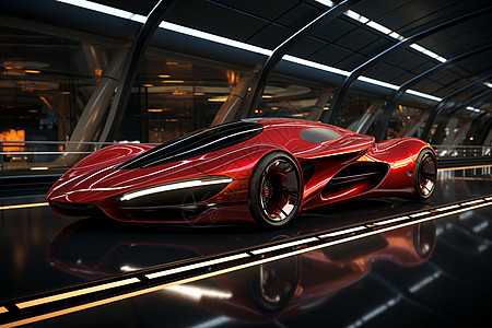 未来隧道中的红色运动汽车背景图片