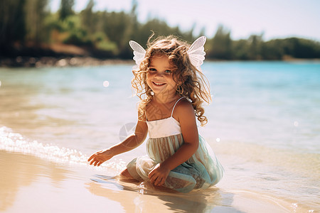 海边上玩沙子的小女孩图片