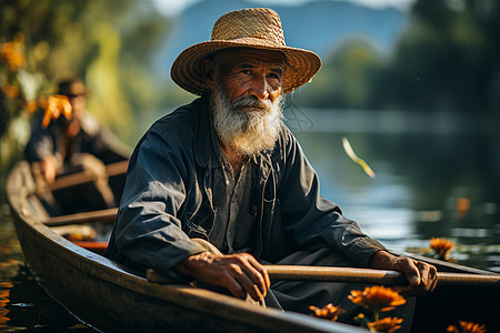 渔夫戴草帽在小船上图片