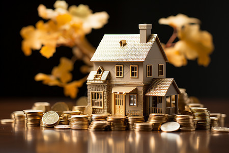 金币散落在房屋模型边图片