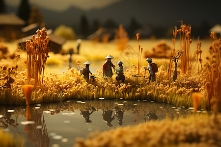 金色稻田中的微缩景观图片